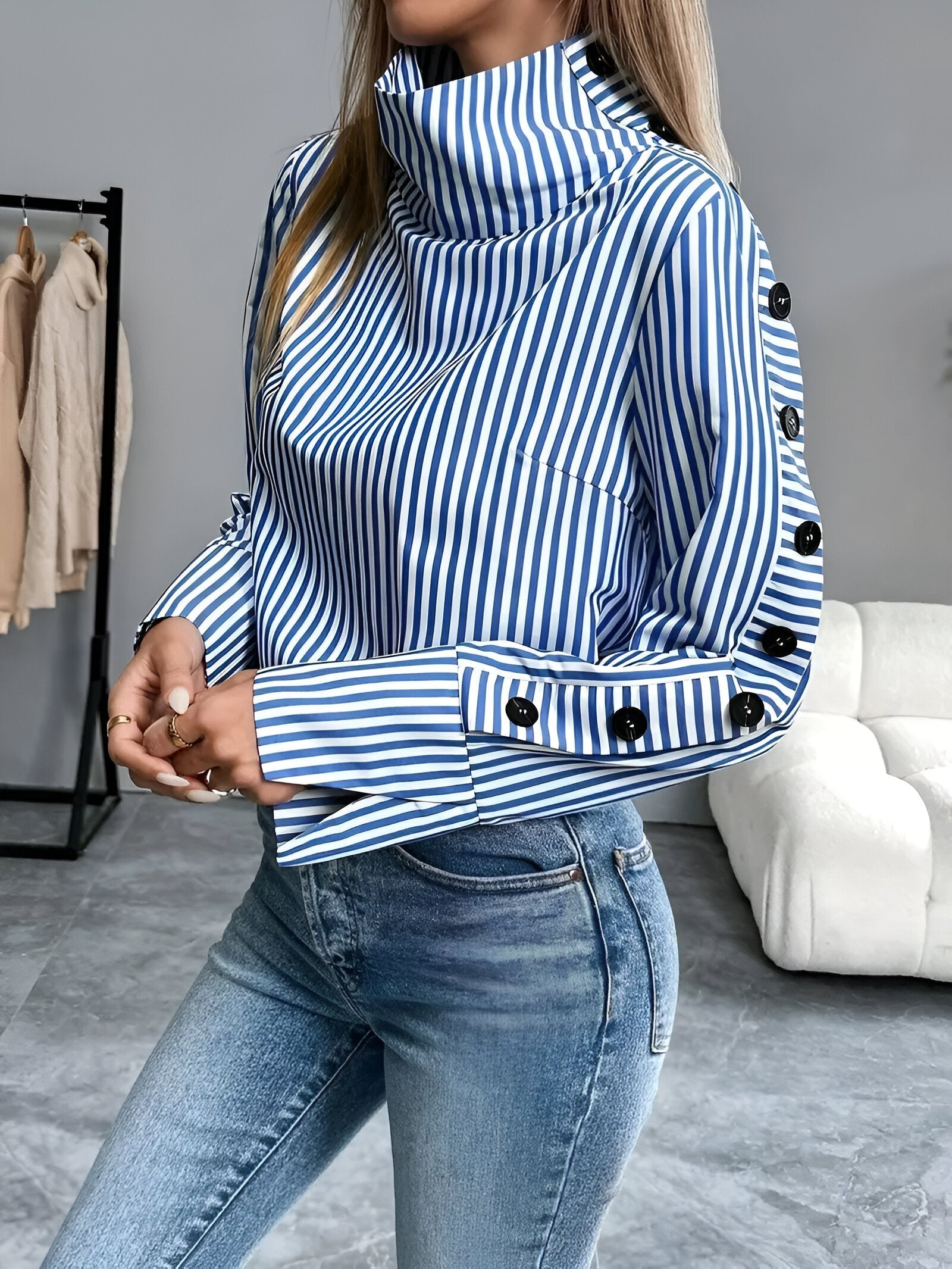 Chemise Femme Chic à Rayures Col Haut 100% Coton-6