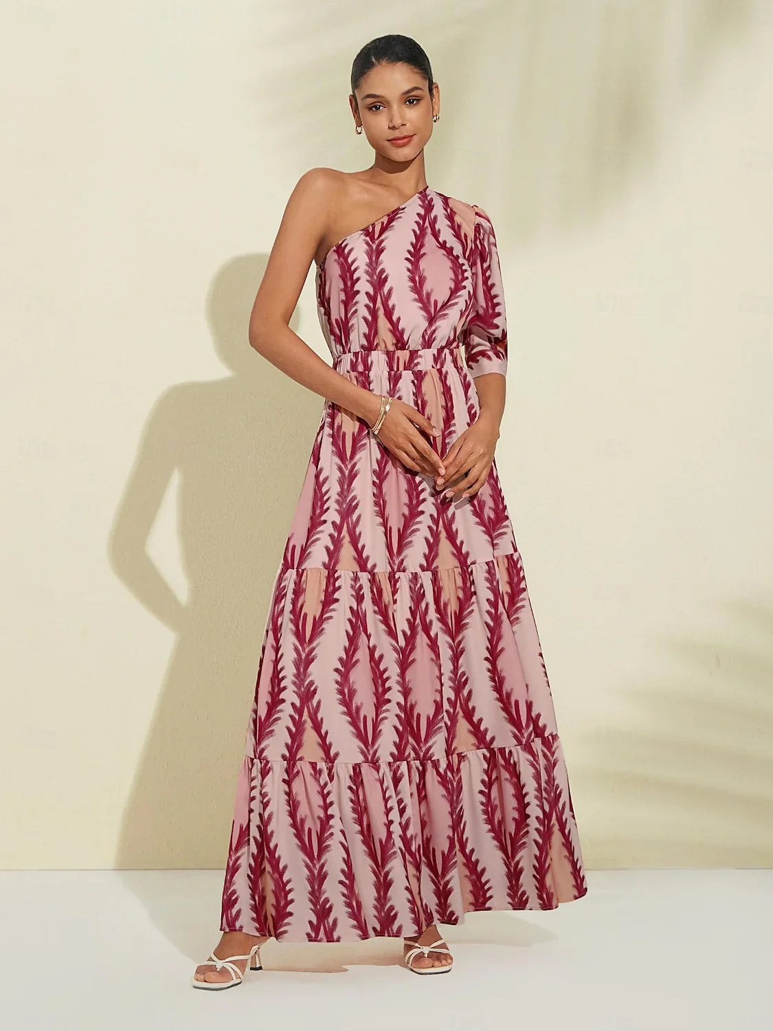 Robe Longue Femme à Une Épaule Élégante en Mélange de Tissus Doux-4