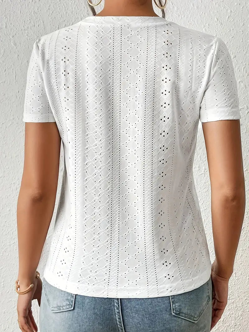 T Shirt Femme Décontracté Col Rond avec Œillets 100% Coton-3