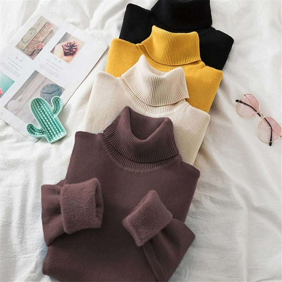 Pull à col roulé doublé de velours pour femmes