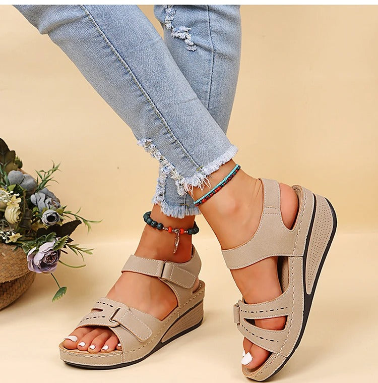 Sandales Femmes Orthopédiques Confortables Cuir Synthétique Plat Forme Élevée