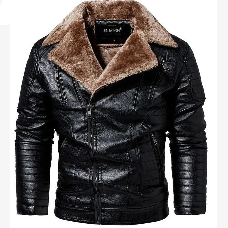 Veste en cuir pour hommes avec col en fourrure
