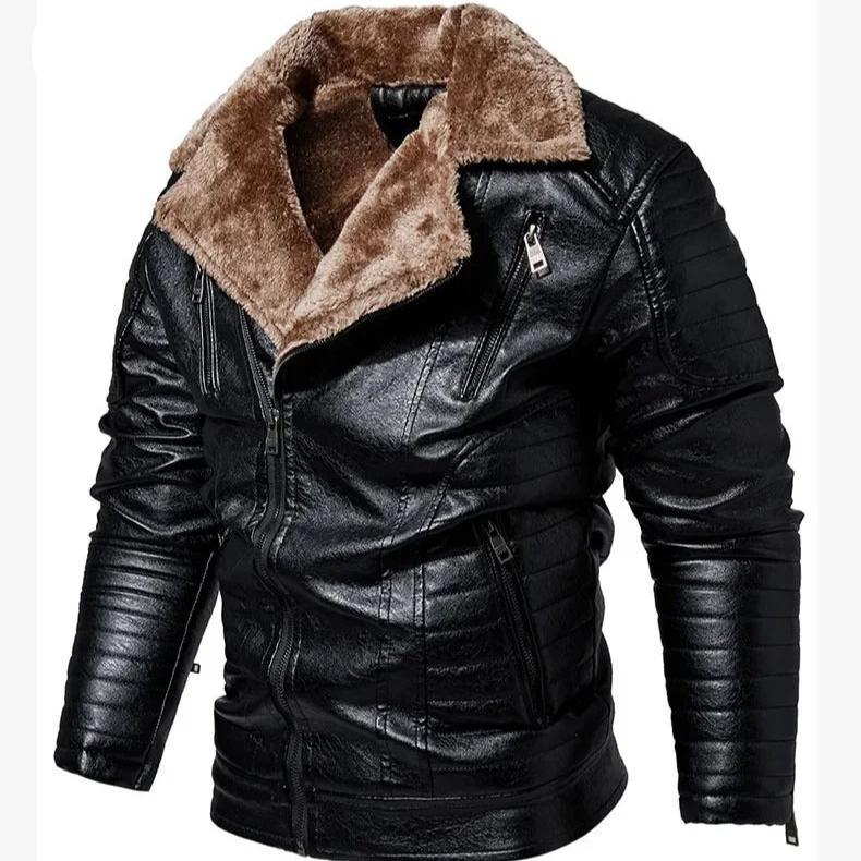 Veste en cuir pour hommes avec col en fourrure