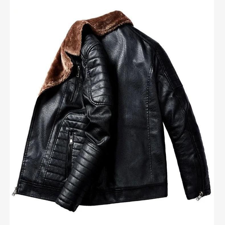 Veste en cuir pour hommes avec col en fourrure