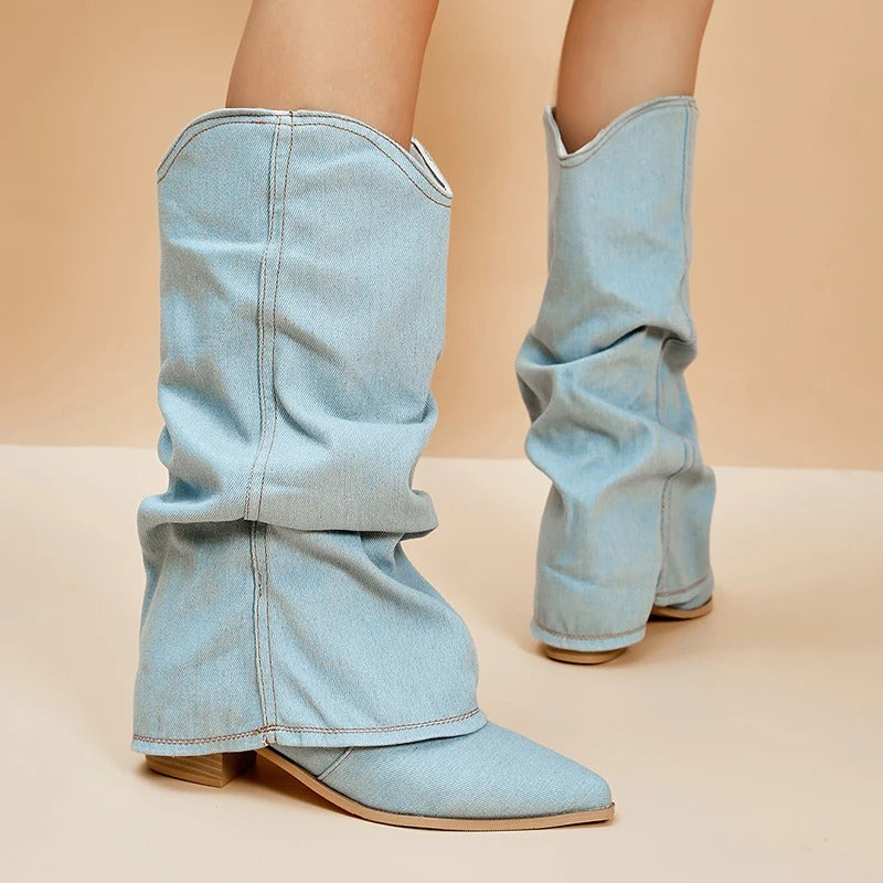 Bottes en denim à talons hauts pour femmes
