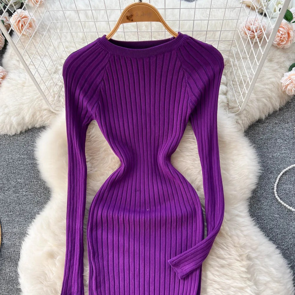 Robe crayon tricotée à manches longues pour femmes