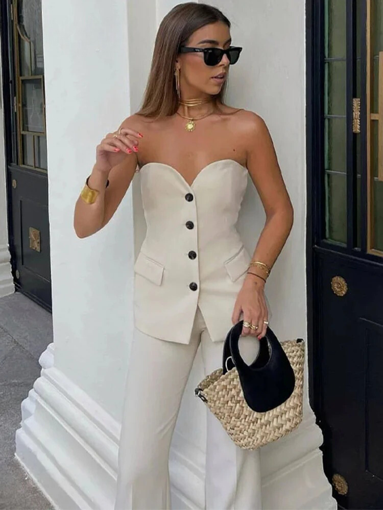 Ensemble tube et pantalon à épaules courtes pour femmes