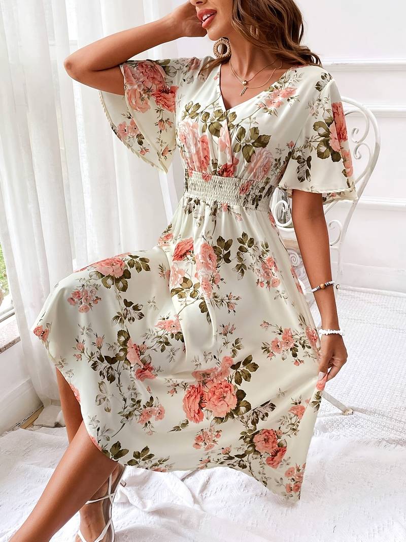 Robe Femme A Ligne Élégante Imprimé Floral Manches Volantes Polyester-5