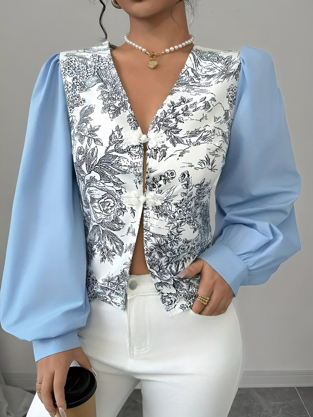 Variant image for Blouse Femme Col en V Manches de Lanterne Imprimé Floral 100% Polyester-1