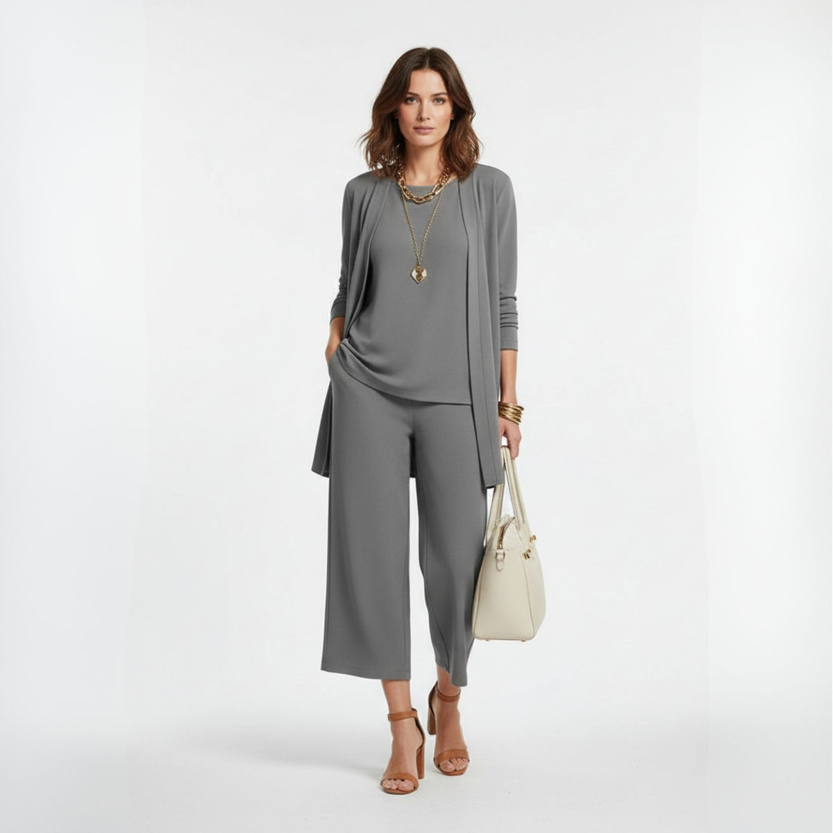 Ensemble Femme Cardigan et Pantalon Long en Maille de Coton Élégante