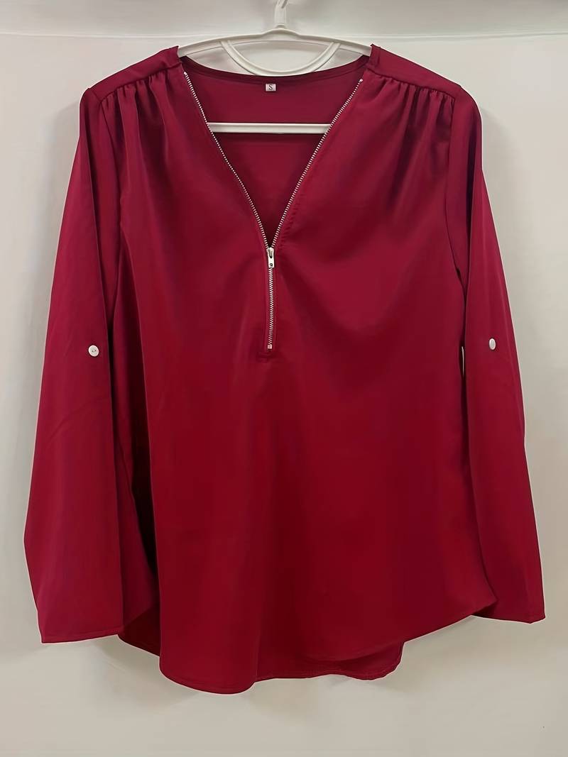 Chemisier Femme Chic Détails Éblouissants Manches Enroulables Mélange de Tissus-4