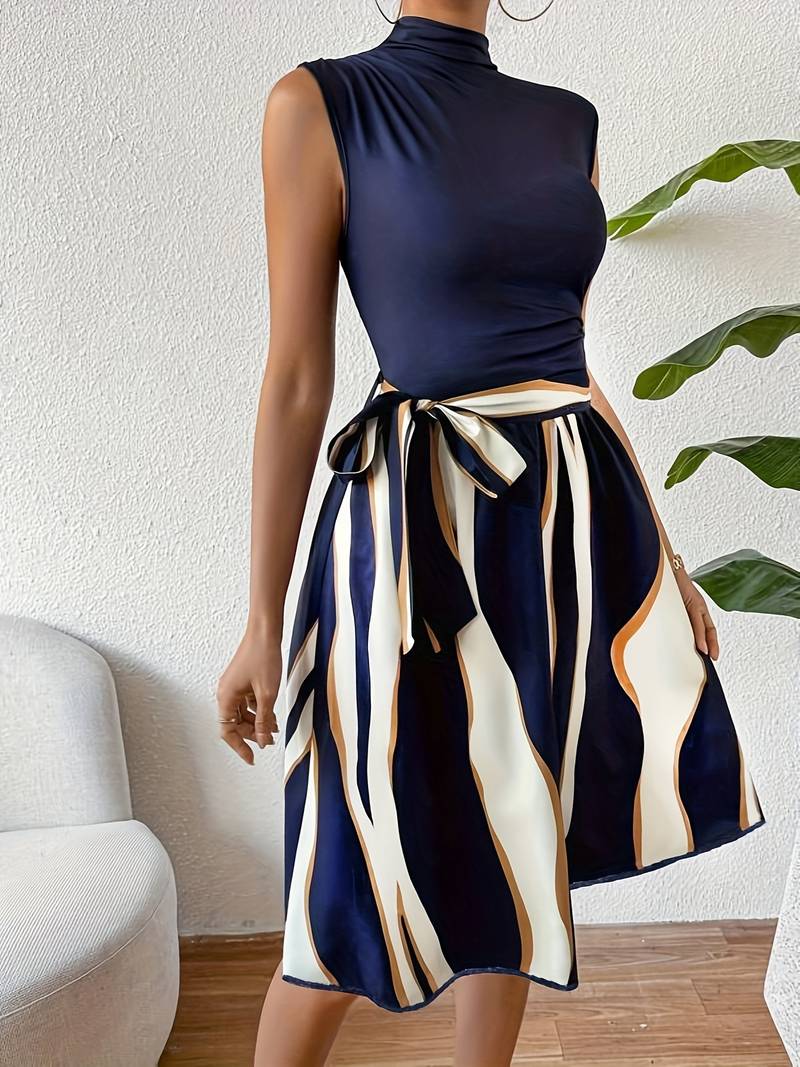 Robe Femme Patchwork Élégante avec Ceinture en Polyester-4