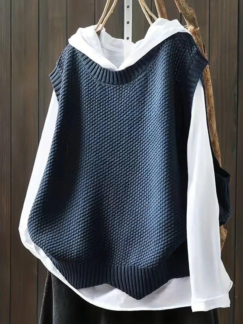 Pull Femme Décolleté Rond Sans Manches Confortable Mélange de Fibres Douces-1