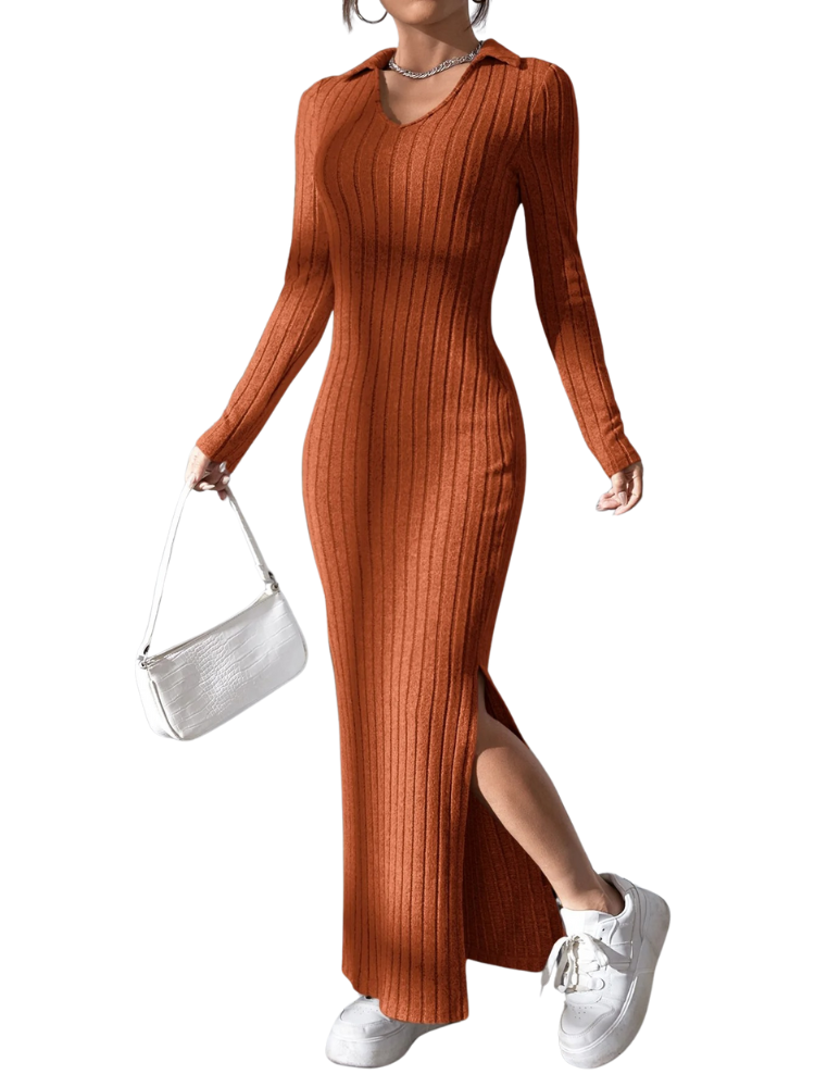 Robe en maille à manches longues et col en V pour femmes