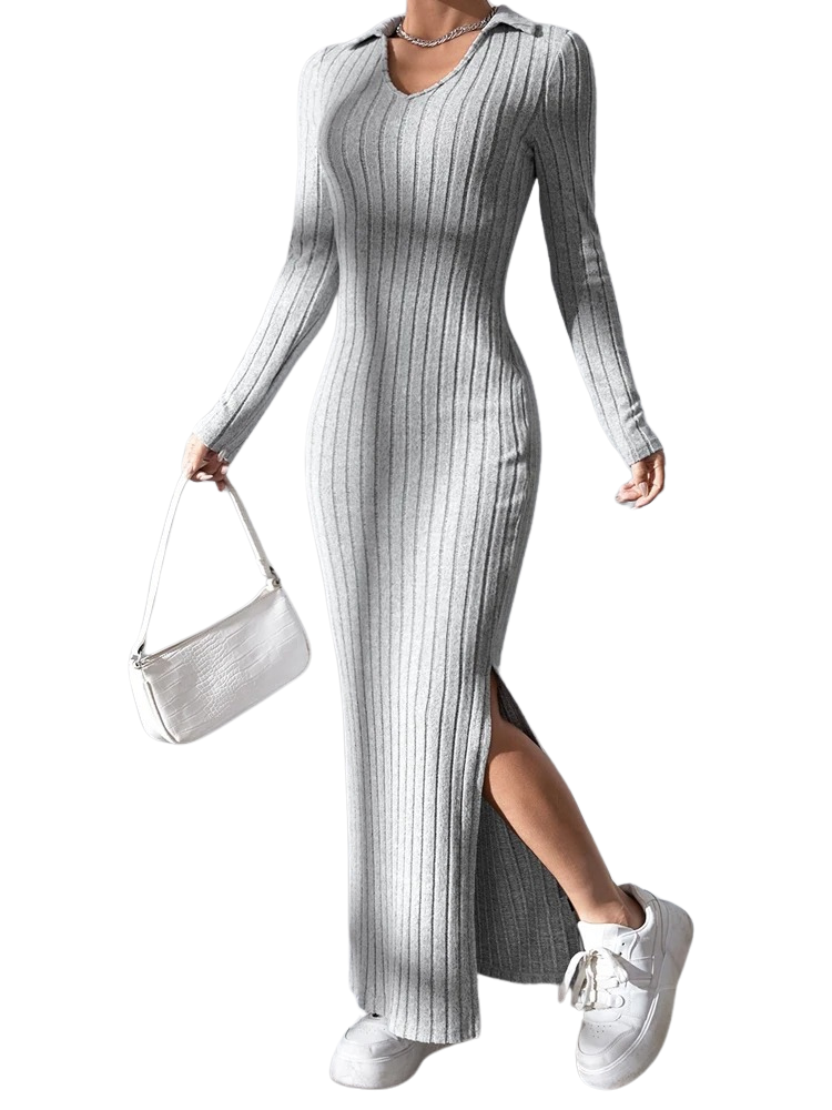 Robe en maille à manches longues et col en V pour femmes