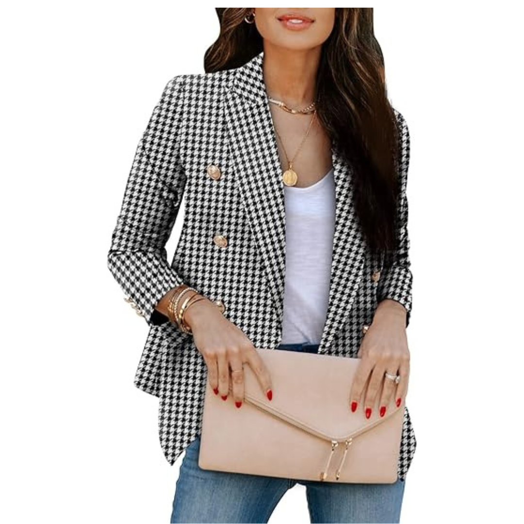 Blazer pied-de-poule à double boutonnage pour femmes
