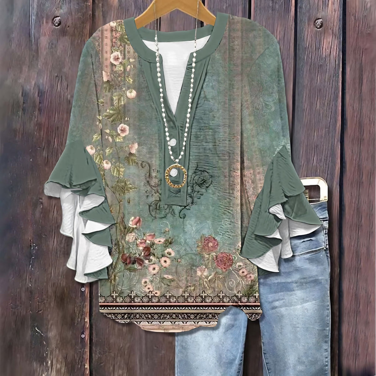 Chemisier Femme Floral à Manches Mi-Longues Volants Col en V