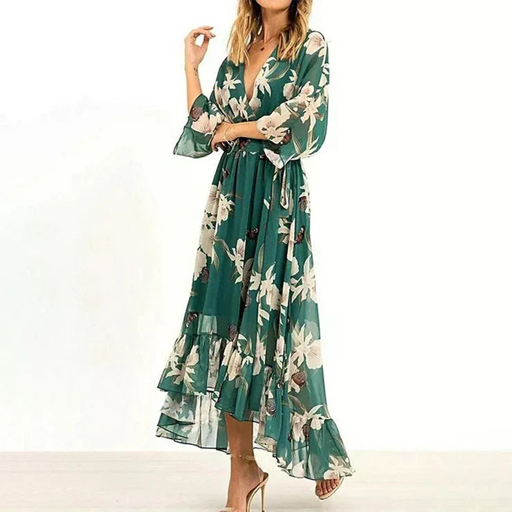 Variant image for Robe Longue Femme Col en V Manches 3/4 Tissu Doux-1