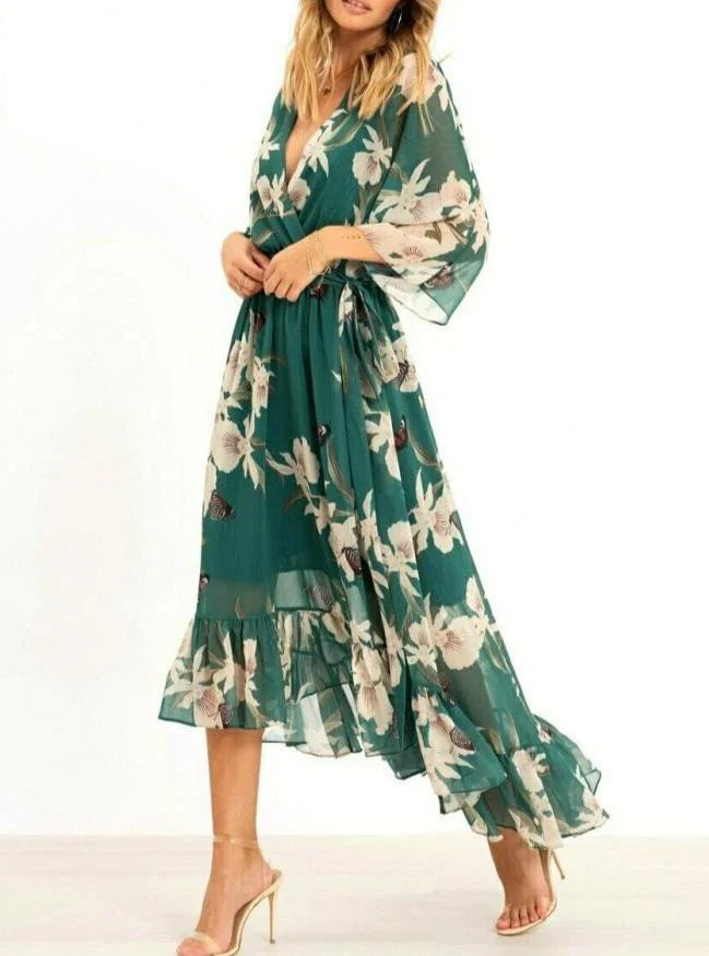 Robe Longue Femme Col en V Manches 3/4 Tissu Doux-3