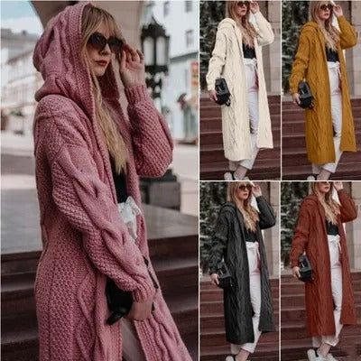 Cardigan à capuche en tricot torsadé pour femmes