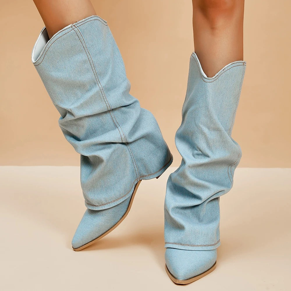 Bottes en denim à talons hauts pour femmes