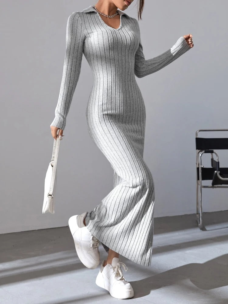 Robe en maille à manches longues et col en V pour femmes