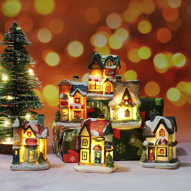 Ensemble de 6 maisons de village à LED pour scène de Noël