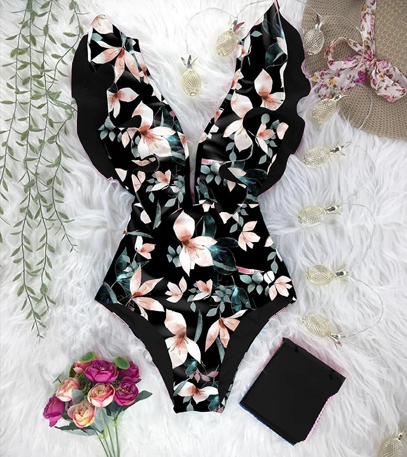 Maillot de bain à volants imprimé floral pour femmes