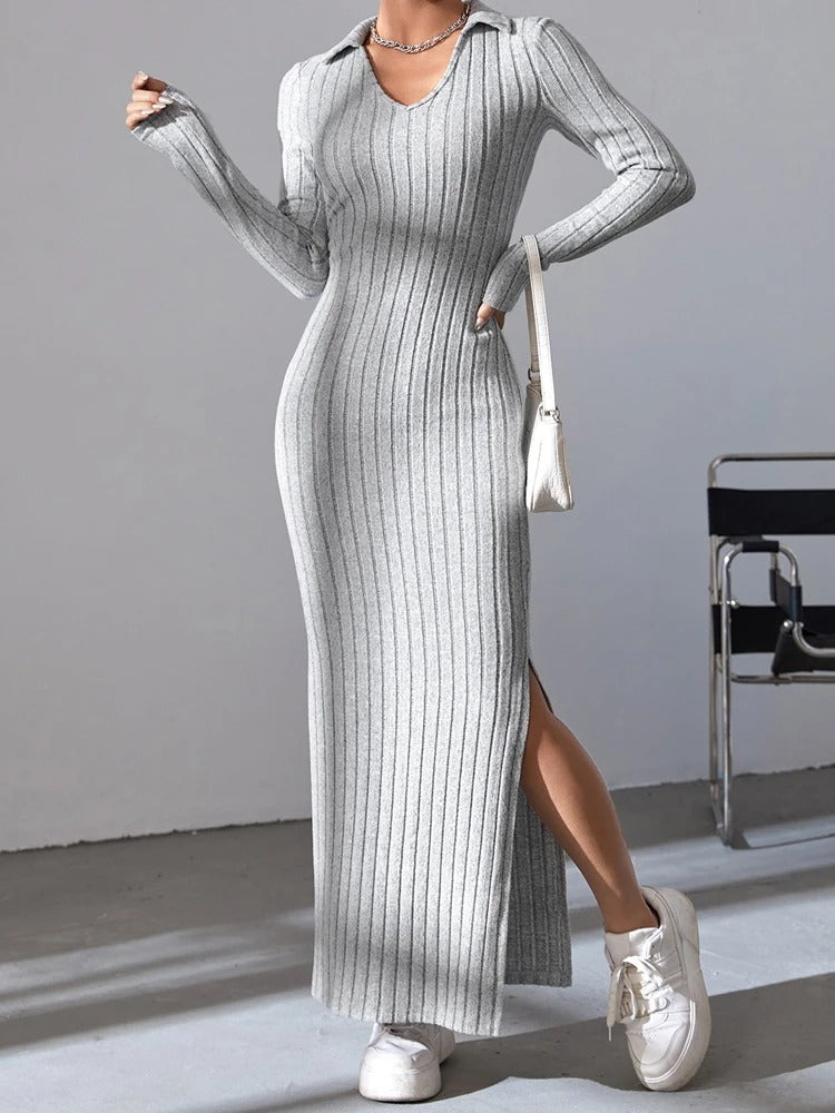 Robe en maille à manches longues et col en V pour femmes