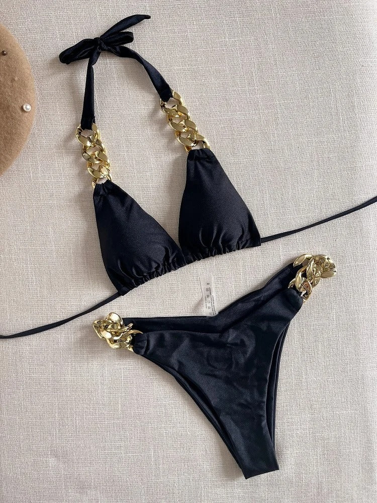 Ensemble de bikini dos nu à chaînes dorées