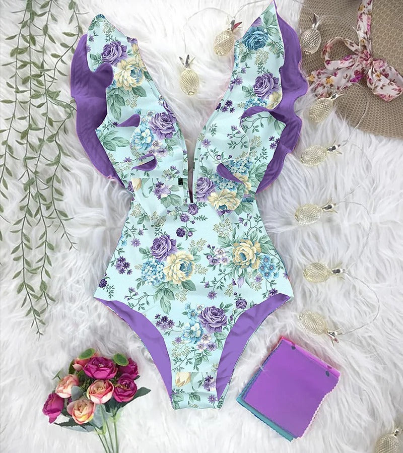 Maillot de bain à volants imprimé floral pour femmes