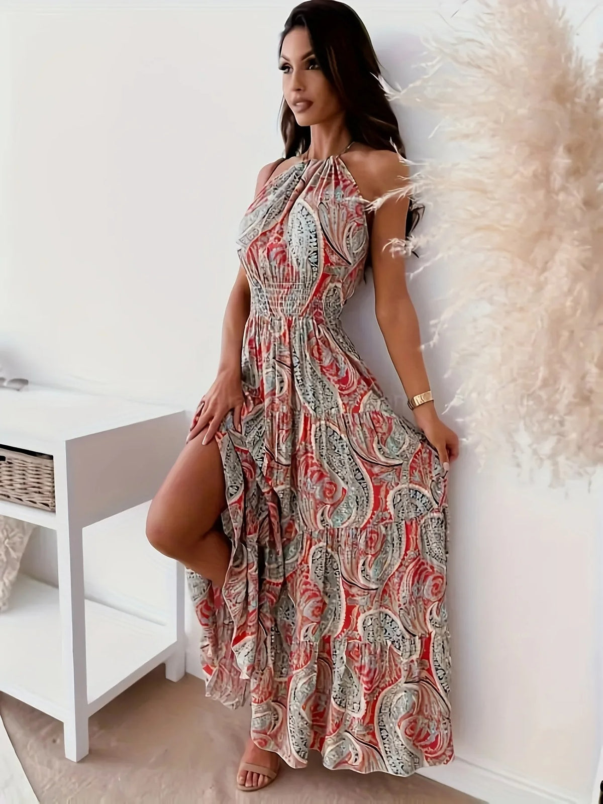 Robe dos nu à imprimé boho vintage pour femmes
