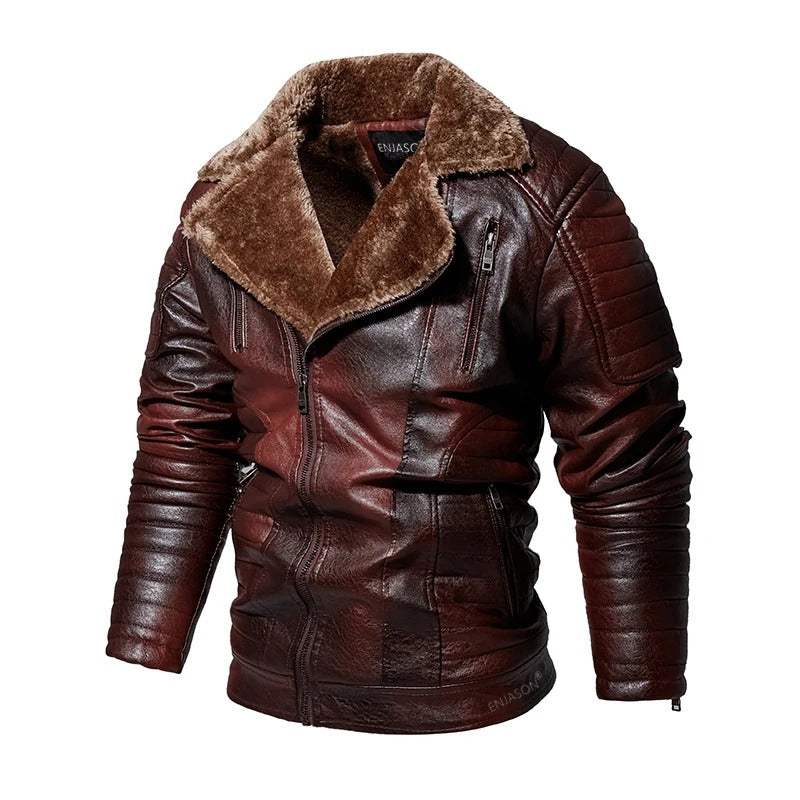Veste en cuir pour hommes avec col en fourrure
