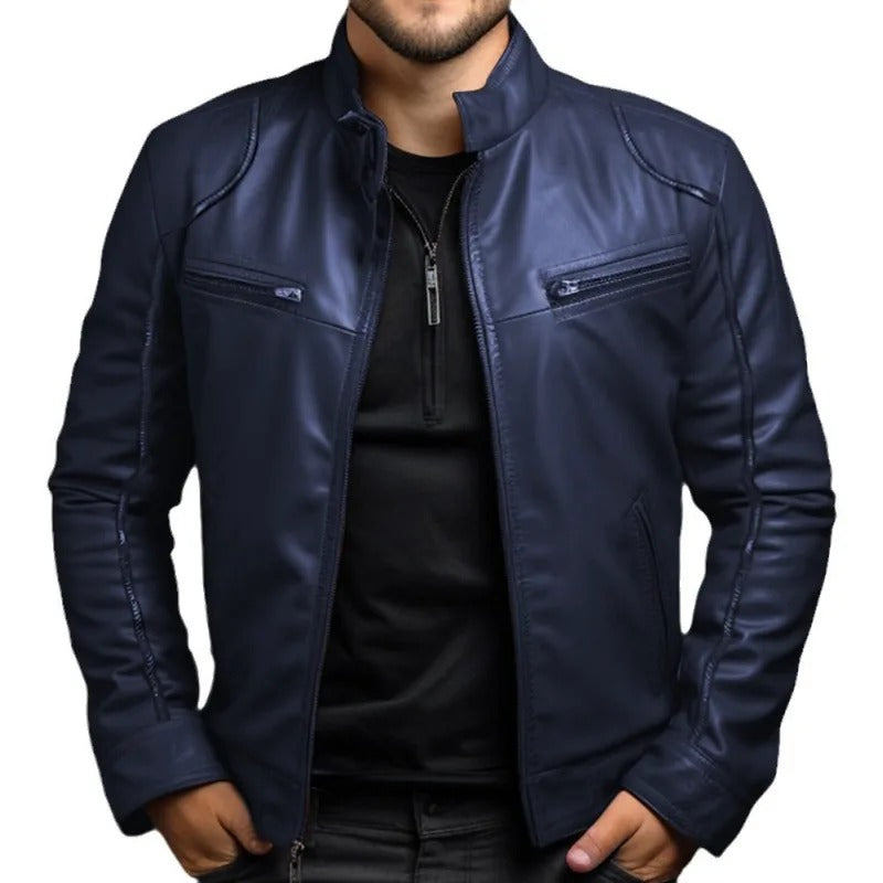 Veste en cuir à col montant pour hommes