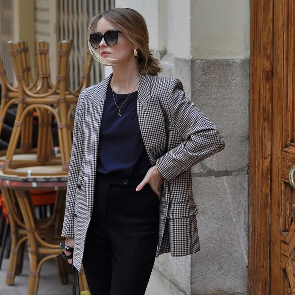 Manteau blazer vintage à carreaux pour femmes