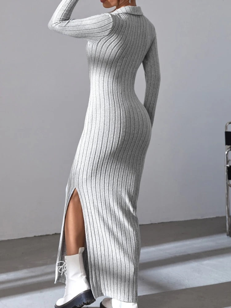 Robe en maille à manches longues et col en V pour femmes