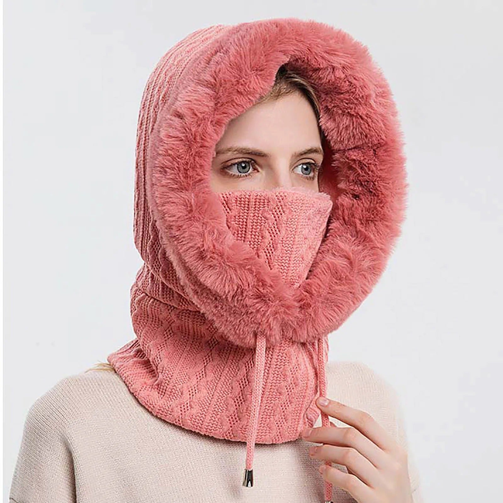 Set de masques pour femmes avec bonnet de fourrure tricoté