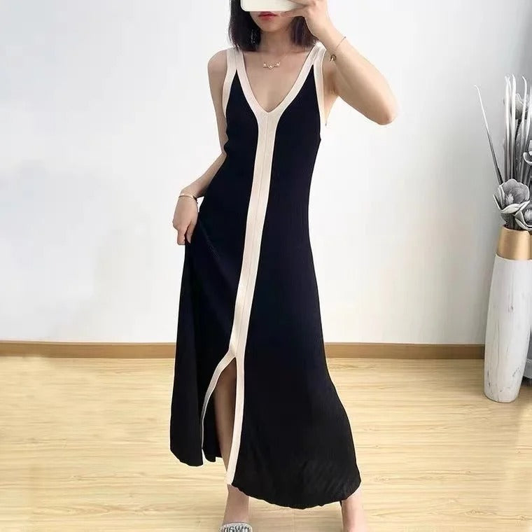 Robe en maille sans manches à col en V pour femmes