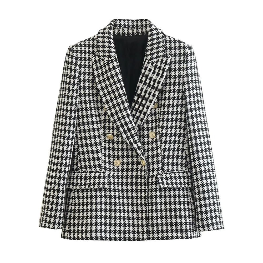Blazer pied-de-poule à double boutonnage pour femmes