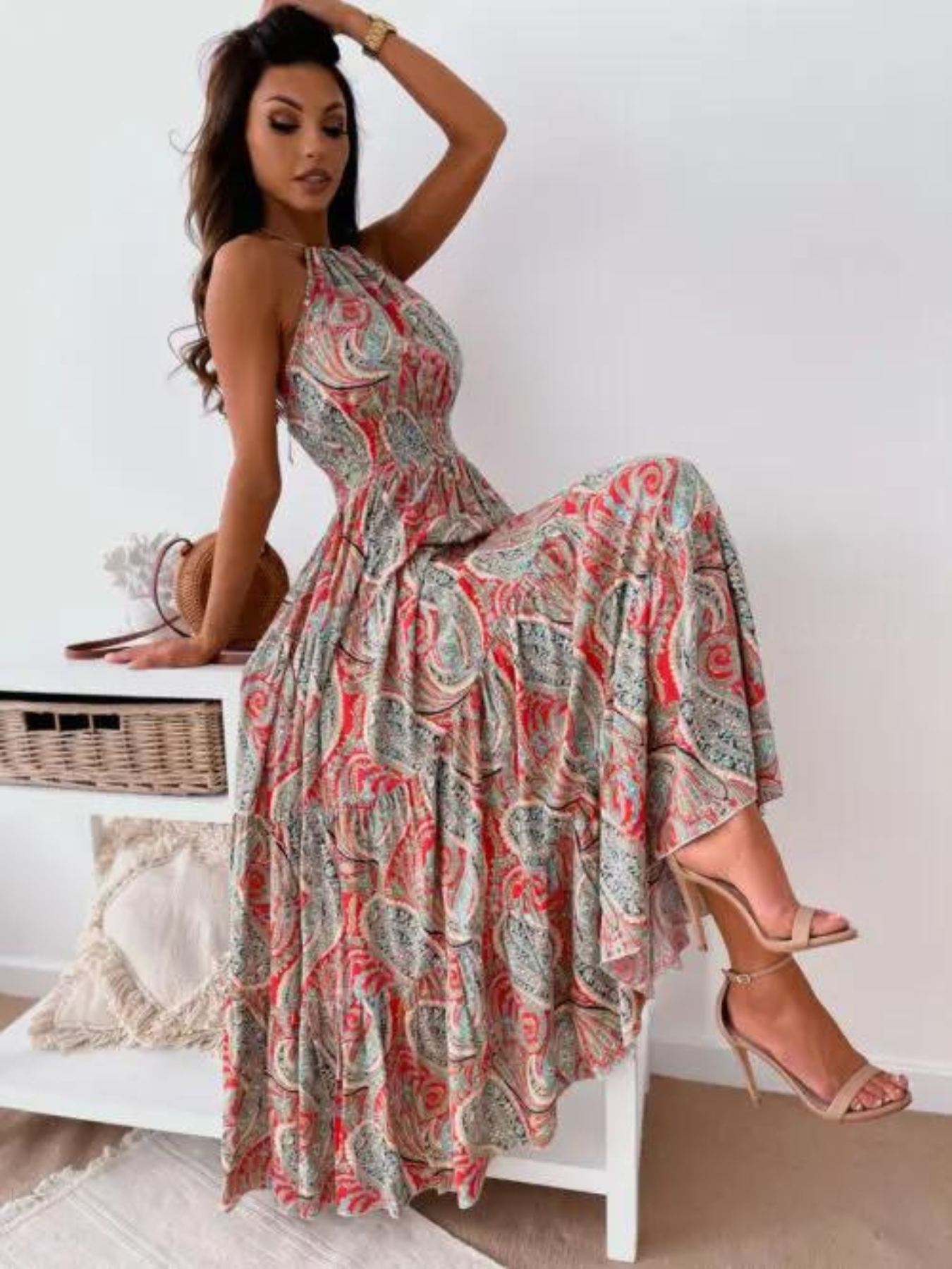 Robe dos nu à imprimé boho vintage pour femmes