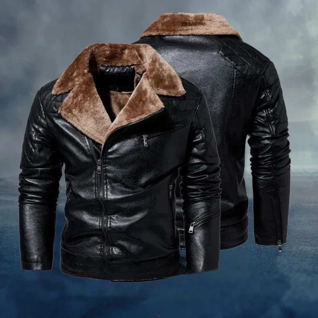 Veste en cuir pour hommes avec col en fourrure