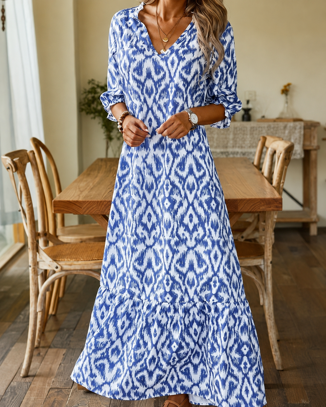 Robe D'Été Femme A-Ligne Col V Manches Mi-Longues Tissu Doux