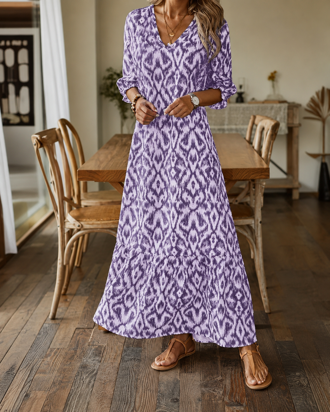 Robe D'Été Femme A-Ligne Col V Manches Mi-Longues Tissu Doux