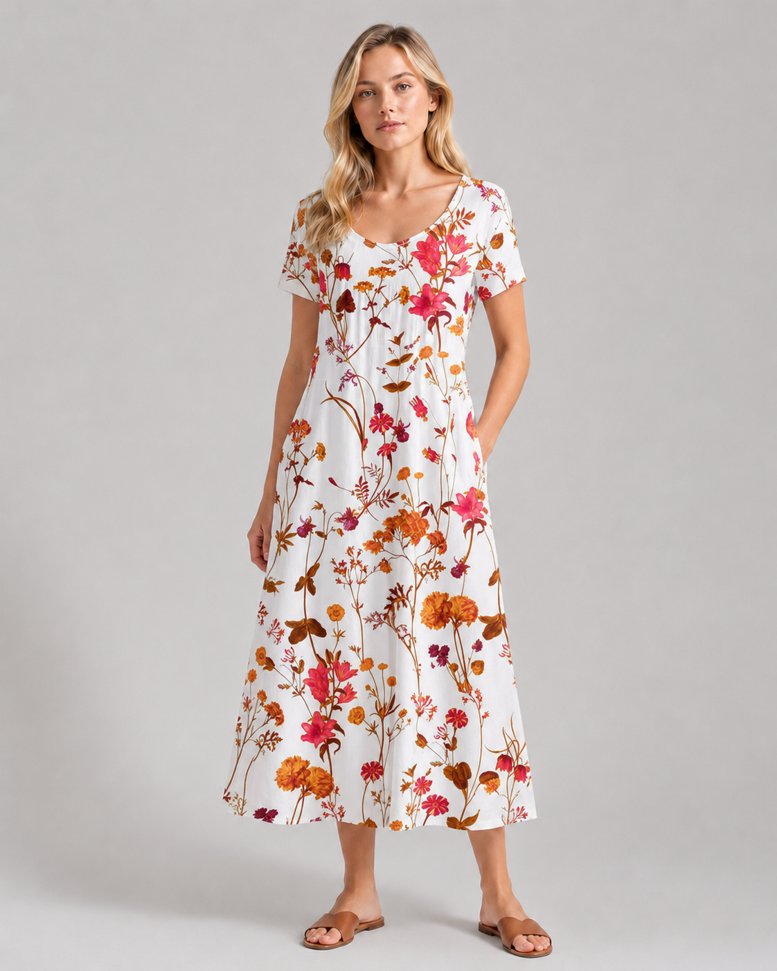 Robe D'Été Femme Imprimé Floral Manches Courtes Tissu Léger