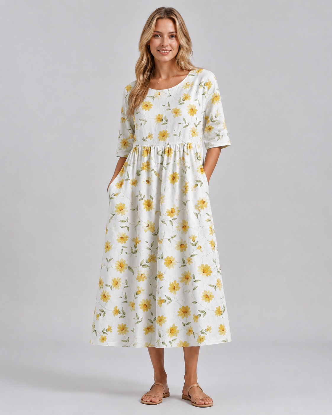 Robe Femme Midi Décontractée à Fleurs