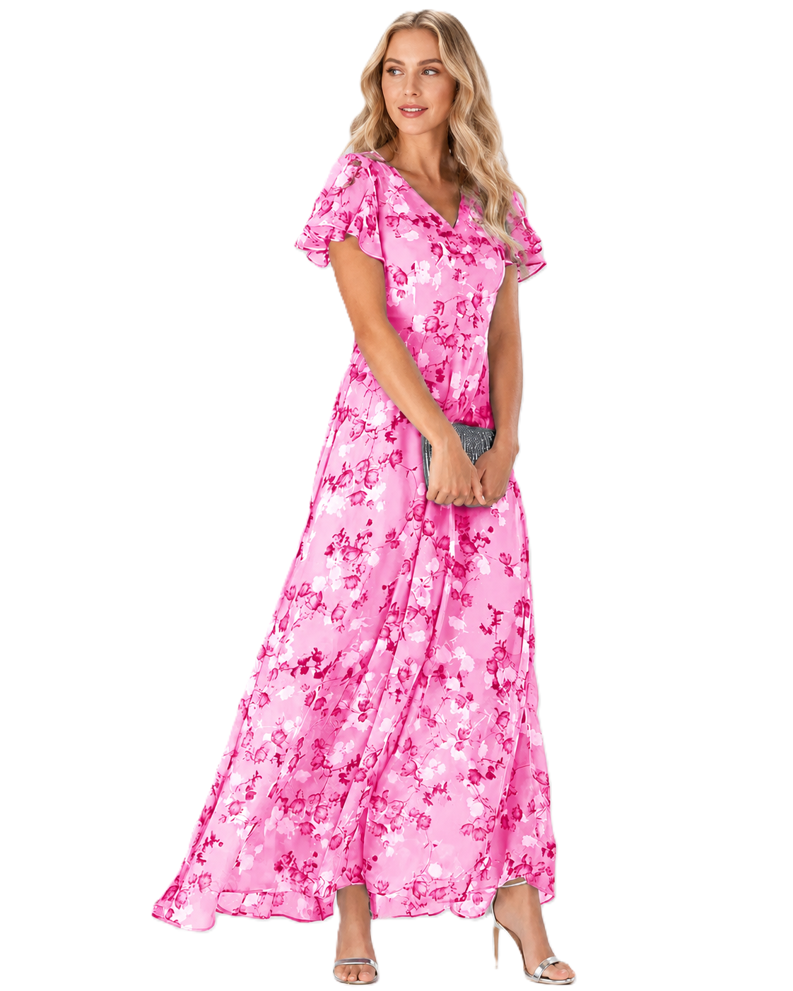Robe longue maxi pour femme, imprimé floral, col en V, manches courtes flatteuses