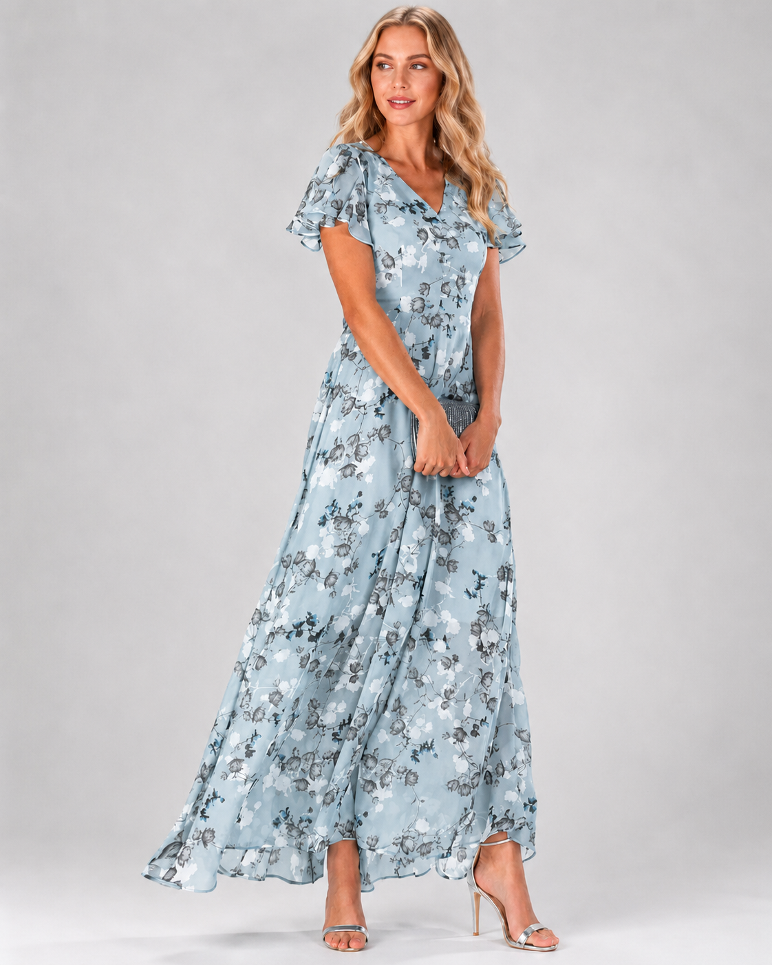 Robe longue maxi pour femme, imprimé floral, col en V, manches courtes flatteuses
