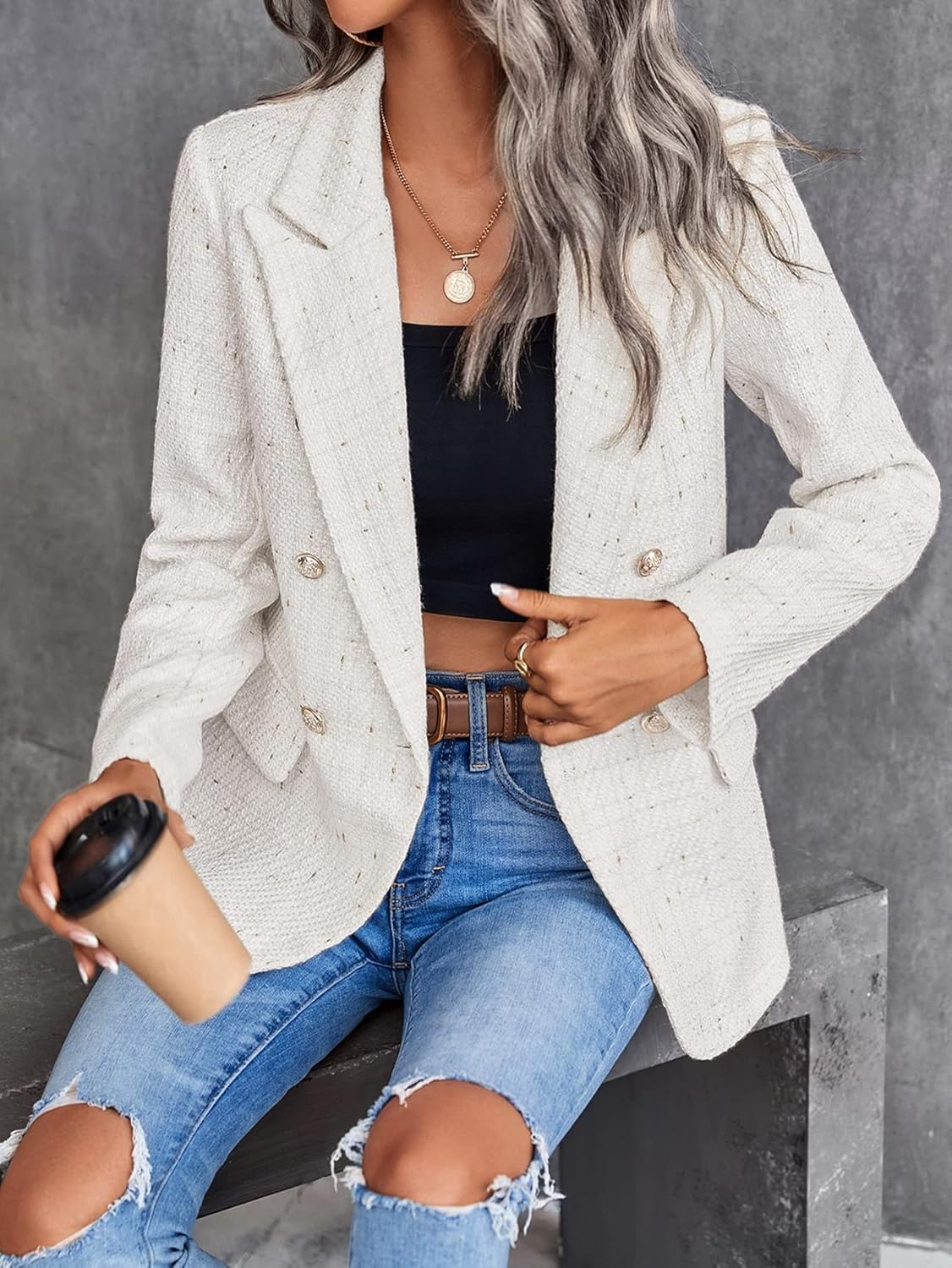 Blazer en tweed à double boutonnage pour femmes