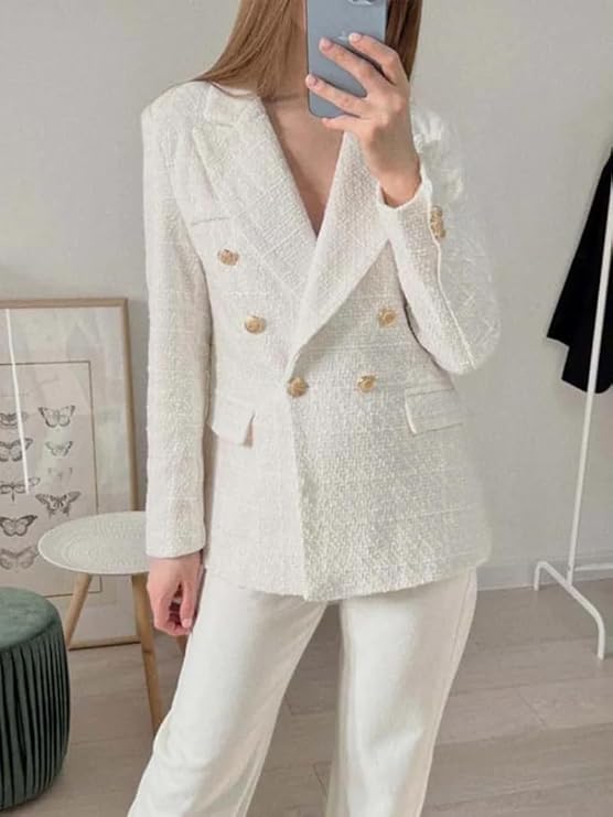 Blazer en tweed à double boutonnage pour femmes