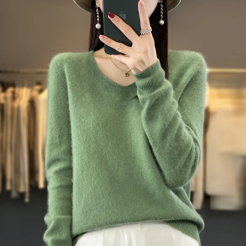Pull en laine à col en V pour femmes